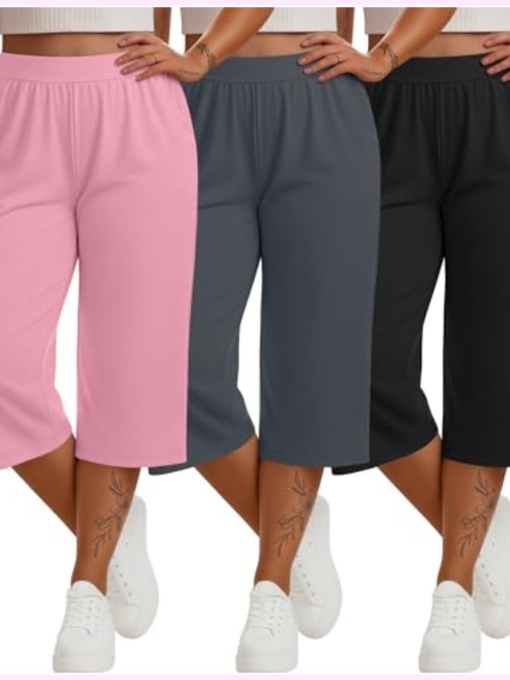 3 Pack Plus Size Capri Pants, Wide Leg Sweatpants with Pockets, High Elastic